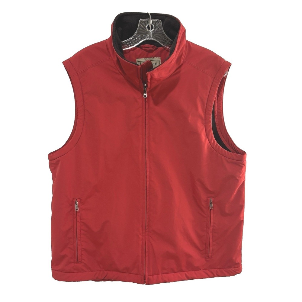 LL Bean Red Full Zip Fleece Vest Mens M Lined Mock Neck Nylon Shell Outdoor